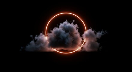 Poster - Stunning abstract image featuring a glowing orange neon circle encompassing dark, moody clouds against a black background, creating a dramatic and atmospheric composition.