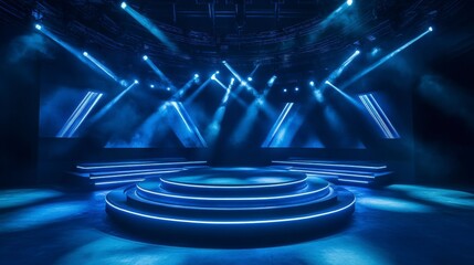 Aufkleber - Empty stage with blue lighting, circular platform, and tiered steps.
