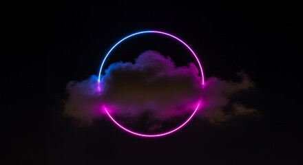 Poster - Stunning neon circle glowing over a dark cloud in a night sky with stars, creating a vibrant and futuristic abstract design with blue and pink colors.