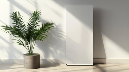 Poster - Blank roll-up banner mock-up in a minimalist room with a potted plant and sunlight.