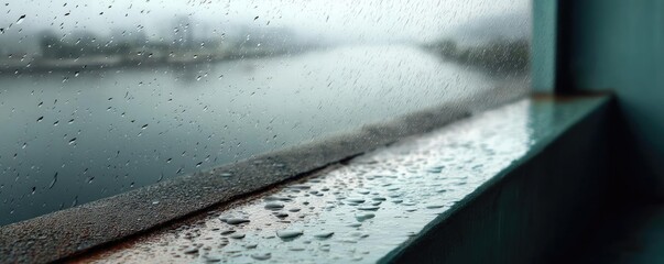 Poster - Raindrop on a window showing city landscape and emotional texture concept. Raindrops on a window sill, evoking a calm and reflective mood.