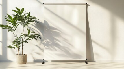 Poster - White blank retractable banner stand in a minimalist room with sunlight and plant.