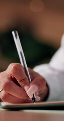 Poster - Person, hands and writing with pen for diary notes, schedule planning or reminder on desk. Closeup, journalist or copywriter with words, journal or author for literature, letter or private invitation