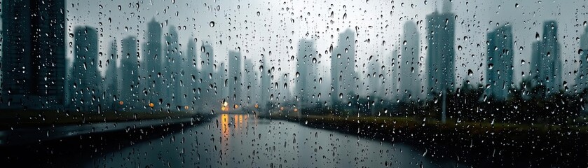 Poster - Raindrop on a window combining rain, mood, and urban pattern concept. Rainy cityscape view with tall buildings and reflections in water.