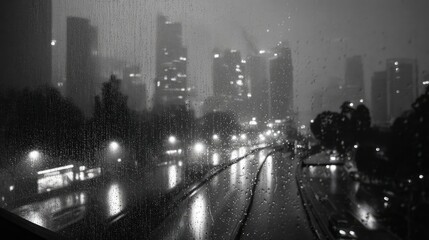 Poster - Raindrop on a window combining rain, mood, and urban pattern concept. Rainy cityscape featuring skyscrapers illuminated at night.