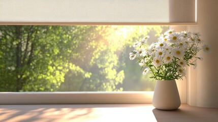 Aufkleber - Sunlit daisies in vase on windowsill, natural light through blinds, green foliage background.