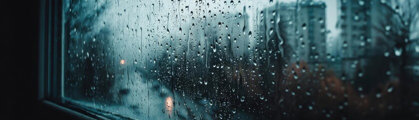 Poster - Raindrop on a window featuring sad city mood and water texture concept. A rainy day view through a window with blurred city lights.
