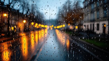Poster - Raindrop on a window combining rain, mood, and urban pattern concept. Raindrops on a windowpane create a serene city atmosphere.