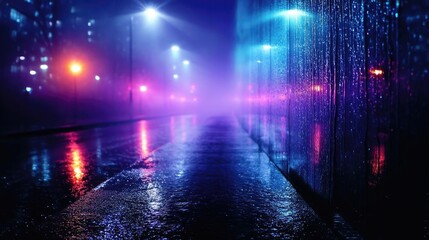 Poster - Raindrop on a window featuring sad city mood and water texture concept. A misty night scene with colorful street lights reflecting on wet pavement.