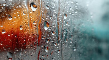 Poster - Raindrop on a window featuring sad city mood and water texture concept. Close-up of rain droplets on a glass surface with vibrant colors.