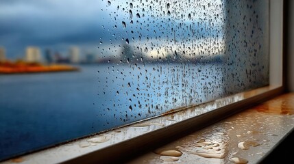 Poster - Raindrop on a window featuring sad city mood and water texture concept. Raindrops on a windowpane with a blurred cityscape in the background.