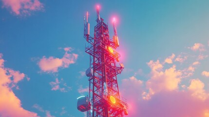 Poster - Elevated communication tower against a vibrant sunset