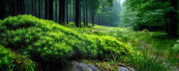 Poster - Green moss between grass and forest with relax mood concept. Lush greenery in a serene forest, promoting peace and tranquility.
