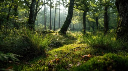 Aufkleber - Green moss in forest with peaceful relax mood concept. Serene forest landscape with lush greenery.