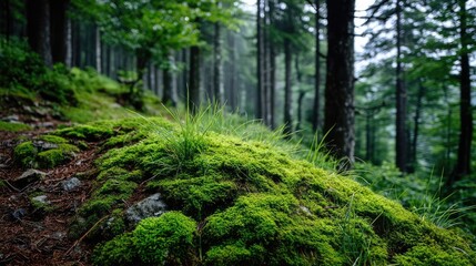 Poster - Green moss in forest with peaceful relax mood concept. Lush moss-covered ground in serene forest.