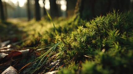 Poster - Green moss between grass and forest with relax mood concept. Lush green moss framing a tranquil forest scene illuminated by sunlight.