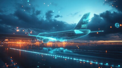 Aufkleber - Futuristic airplane taking off, digital interface