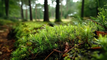 Poster - Green moss between grass and forest with relax mood concept. Close-up of vibrant green moss in a tranquil forest setting.