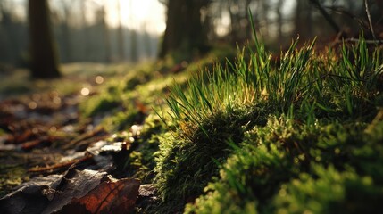 Poster - Green moss in forest with peaceful relax mood concept. Close-up of lush green moss in sunlight.