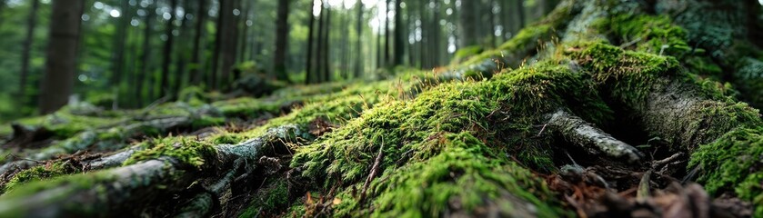 Poster - Green moss between grass and forest with relax mood concept. Lush forest floor with moss on tree roots and dappled sunlight.