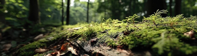 Poster - Green moss between grass and forest with relax mood concept. Lush greenery covering a forest floor with soft moss and sunlight.