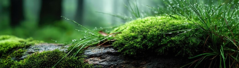 Poster - Green moss between grass and forest with relax mood concept. Lush green moss covering a log in a serene forest setting.