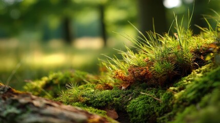 Poster - Green moss in forest with peaceful relax mood concept. Lush green moss covering a forest floor.
