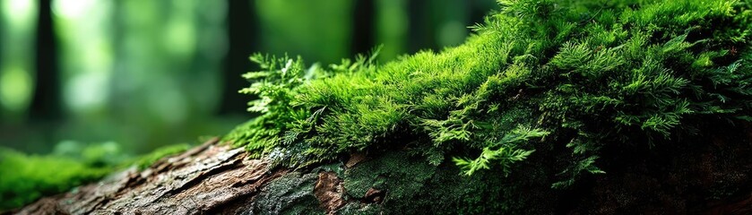 Aufkleber - Green moss under forest light with peaceful mood concept. Close-up of vibrant moss growing on a tree trunk in a forest.