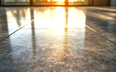 Poster - A spacious industrial warehouse features a smooth gray concrete floor, complemented by soft lighting and a minimalist aesthetic