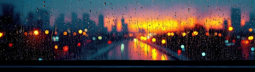 Poster - Raindrop on a window showing city landscape and emotional texture concept. A city skyline at sunset through a rain-covered window.
