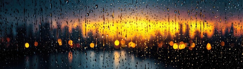 Poster - Raindrop on a window showing city landscape and emotional texture concept. A blurred sunset view through a rain-speckled window.