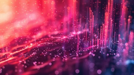 Poster - Digital tunnel with bright light and vibrant colorful pixels. Technology and sci-fi concept for wallpaper, banner. Abstract image of glitch effect with red and white color with dark background. AIG53.