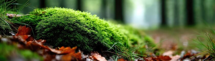 Poster - Green moss between grass and forest with relax mood concept. Lush green moss covering the ground amidst autumn leaves.