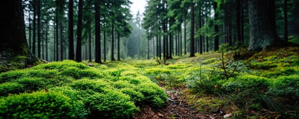 Poster - Green moss in forest with peaceful relax mood concept. Lush green forest with vibrant mossy ground.