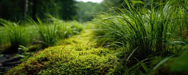 Poster - Green moss between grass and forest with relax mood concept. Lush green grass and moss create a serene, natural pathway.