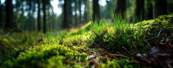 Aufkleber - Green moss between grass and forest with relax mood concept. Close-up of lush green moss in a tranquil forest setting.
