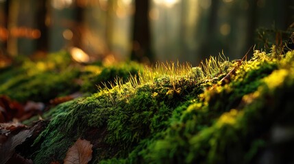 Poster - Green moss under forest light with peaceful mood concept. Close-up of lush green moss in a sunlit forest scene.