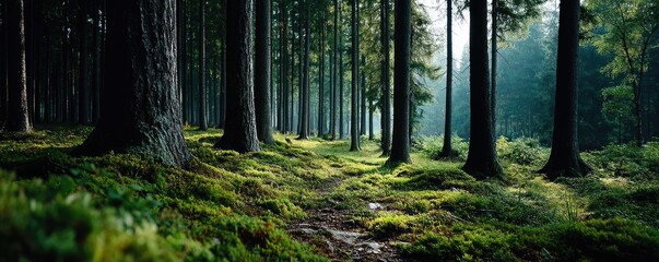 Poster - Green moss between grass and forest with relax mood concept. Serene forest pathway surrounded by tall trees and lush greenery.