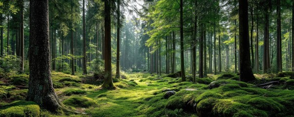 Poster - Green moss between grass and forest with relax mood concept. A serene forest filled with lush greenery and sunlight filtering through.