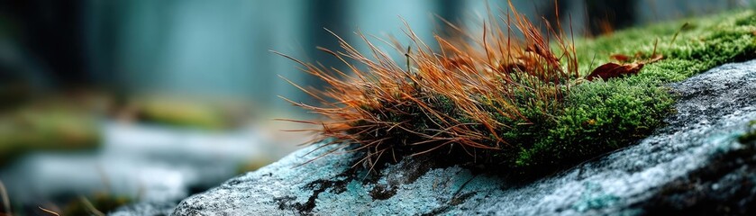 Poster - Green moss in forest with peaceful relax mood concept. Lush green moss on a rocky surface in nature.