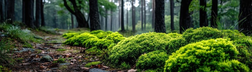 Aufkleber - Green moss under forest light with peaceful mood concept. Lush green vegetation along a serene forest pathway in misty ambiance.