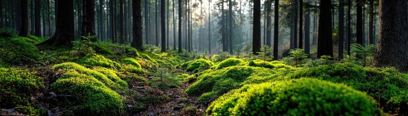 Poster - Green moss under forest light with peaceful mood concept. A serene forest scene with lush green moss and soft sunlight.