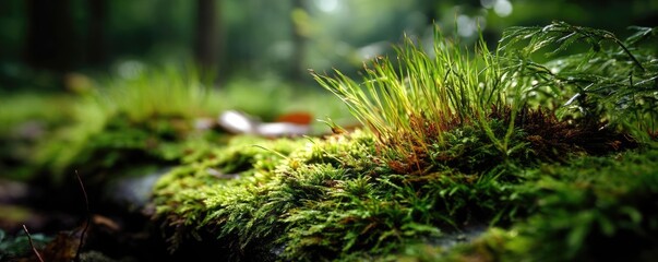 Poster - Green moss between grass and forest with relax mood concept. Lush green grass growing on a mossy forest floor, tranquil atmosphere.