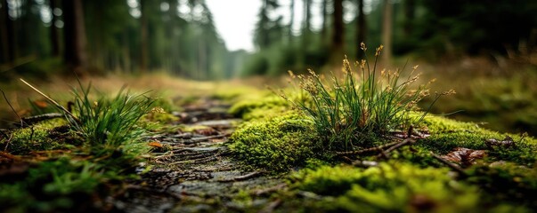 Poster - Green moss in forest with peaceful relax mood concept. Lush greenery along a forest path