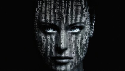 Poster - The picture of the human face that has been paint with binary code on the face in the dark room, binary code is system of representing text, instructions, or other data using two symbol system. AIG51.