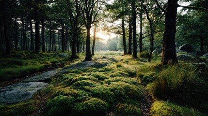 Poster - Green moss between grass and forest with relax mood concept. A serene forest scene with sunlight filtering through the trees.