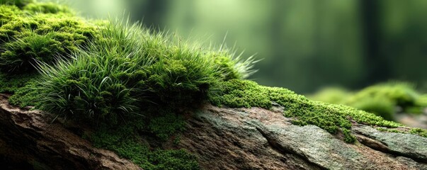 Poster - Green moss in forest with peaceful relax mood concept. Lush green moss on a tranquil forest log.