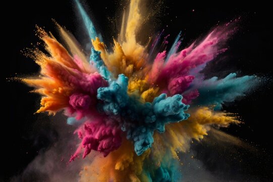 abstract colored dust explosion on black background, abstract powder splatted background, Freeze motion of color powder exploding, throwing color powder, multicolored glitter texture