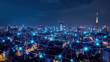 Poster - Night cityscape connected by a network of glowing lines