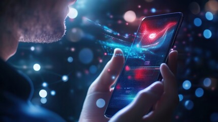 Fototapete - Person interacting with a smartphone displaying dynamic data visualizations
